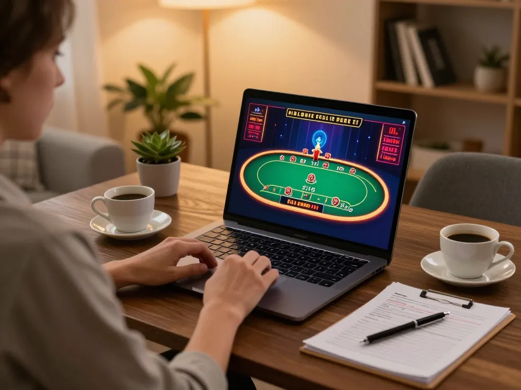 Engaging in blackjack gameplay at open88 com on a laptop, with cozy home elements enhancing the experience.