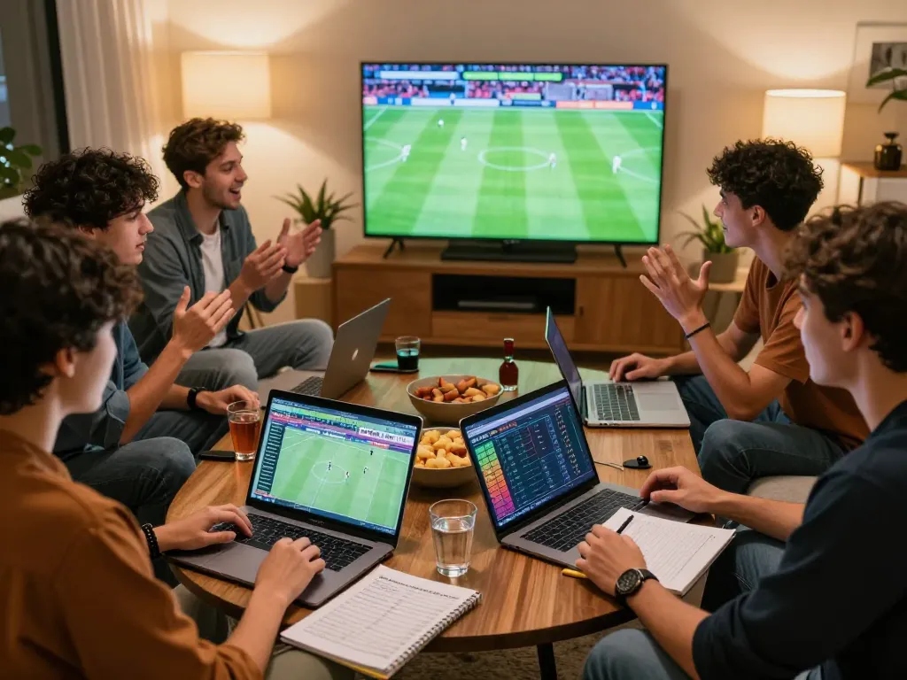 Kèo nhà cái analysis in a lively setting with friends discussing football bets and strategies.