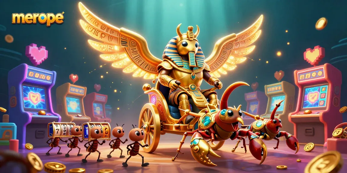 Experience thrilling wins with meroope's vibrant casino scene featuring golden scarabs and slot elements.