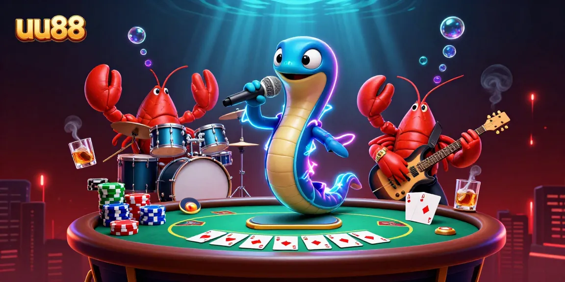 uu88 electric eel DJ performing in vibrant underwater casino scene with poker elements.