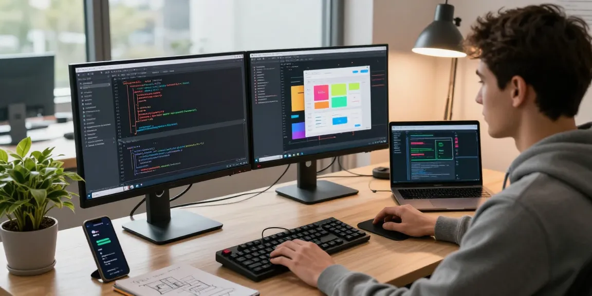 Developer coding on dual monitors at a modern workspace featuring telegramin-cn.com applications and tools.