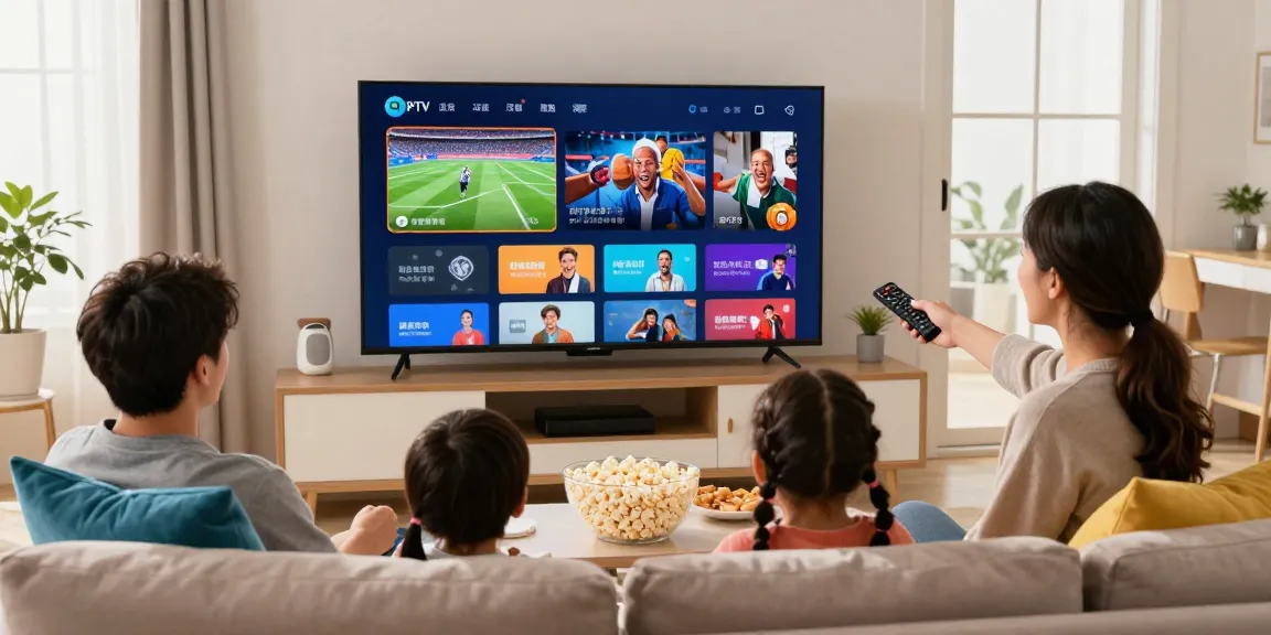 Family enjoying an IPTV subscription in a cozy living room with a smart TV.