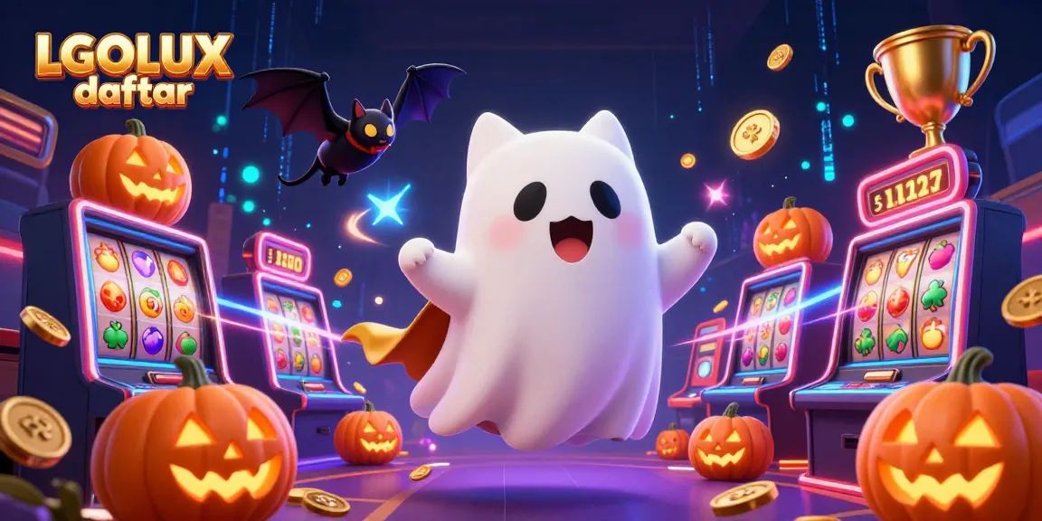 Play thrilling slot games at LGOLUX daftar with a ghost cat and bat companion in a festive casino.