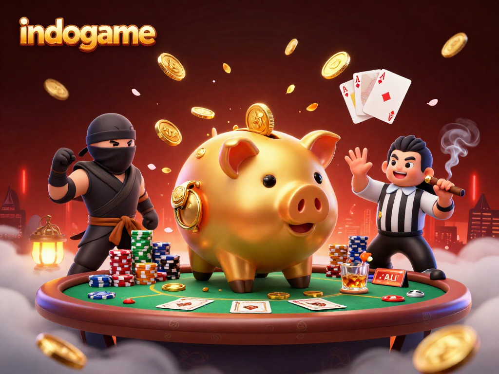 Witness the gold-mining Sumo wrestler and ninja facing off in an exciting indogame scene filled with poker elements.
