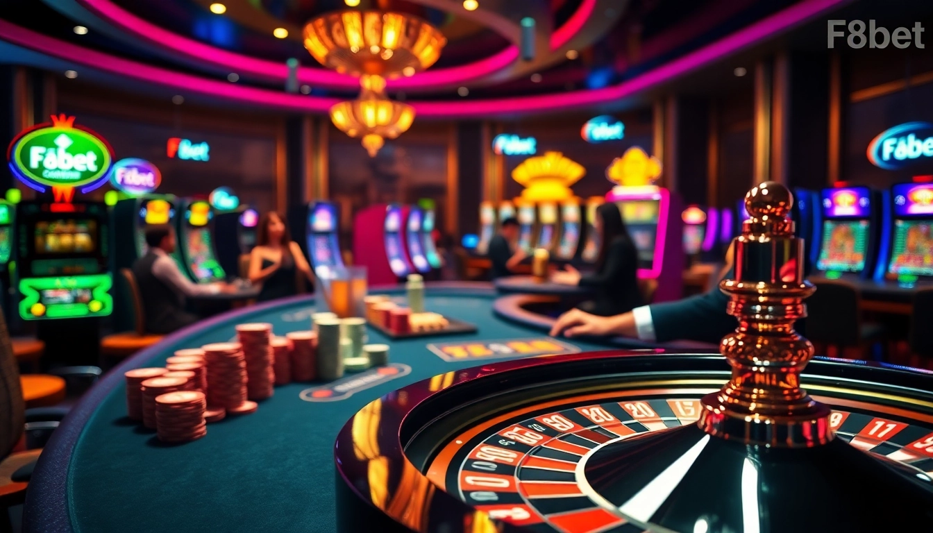 Exciting poker game scene at F8bet casino, showcasing vibrant table layout and chipping sounds.