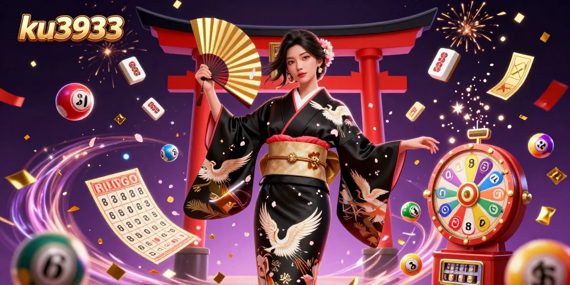 Engage with ku3933's dynamic lottery scene featuring an elegant Asian woman amidst vibrant gaming elements.