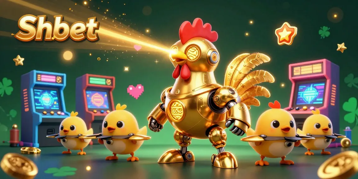 Engage with Shbet's dynamic gaming universe featuring a retro-futuristic golden rooster and baby chick drones.