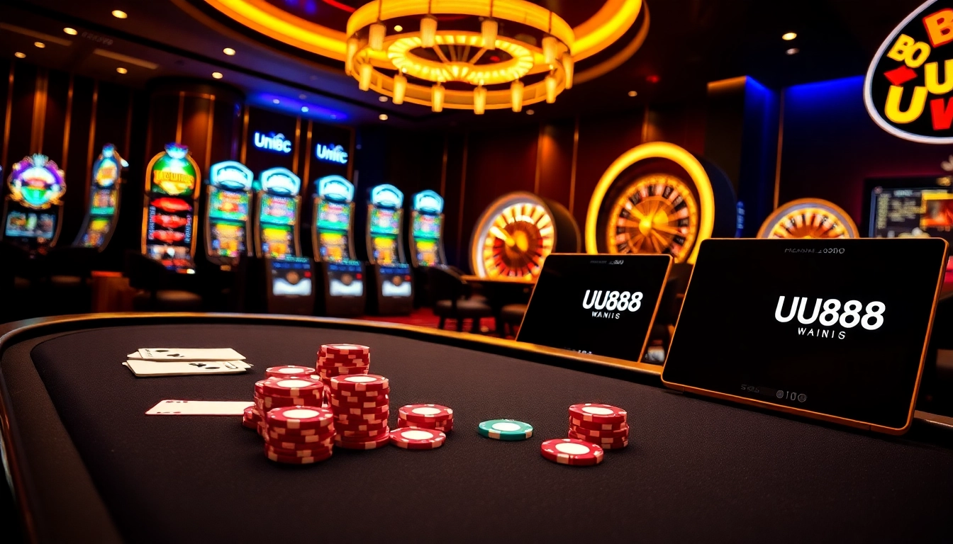 Exciting poker game scene featuring UU88 branding on casino table and devices.