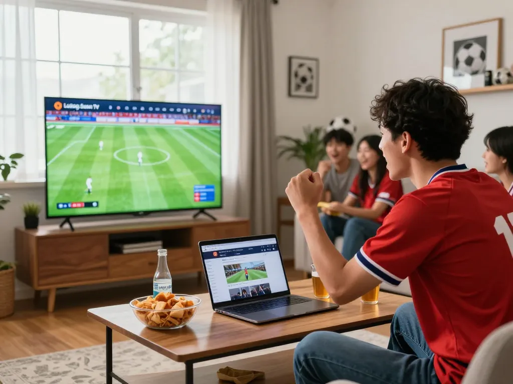 Fan enjoying live football on Lương Sơn TV with friends and snacks in a cozy room.