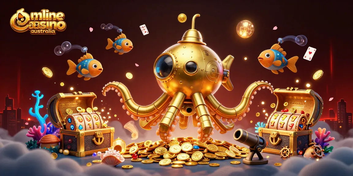 Engage with online casino Australia through a vibrant 3D kraken submarine scene full of riches.