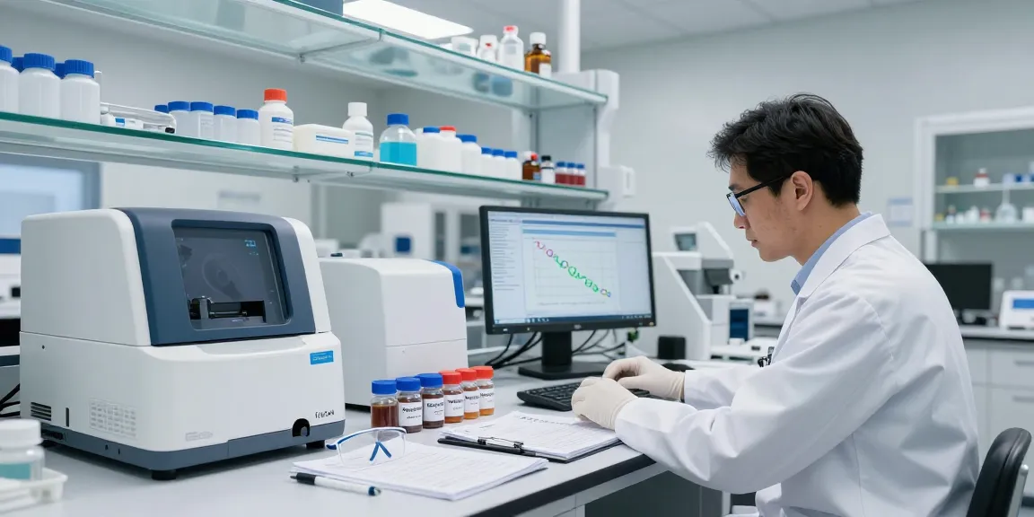 Scientist analyzing SwissChems Peptides in a modern lab setting with advanced equipment.