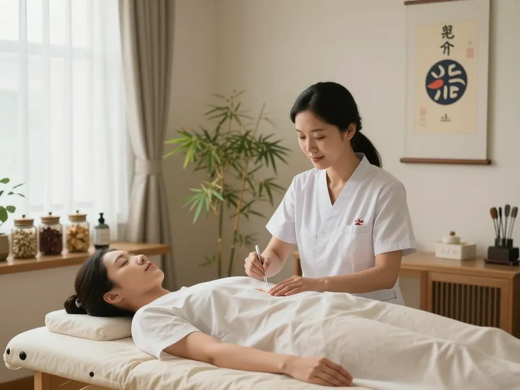 Expert acupuncture treatment at 수원한의원, showcasing serene atmosphere and skilled care.