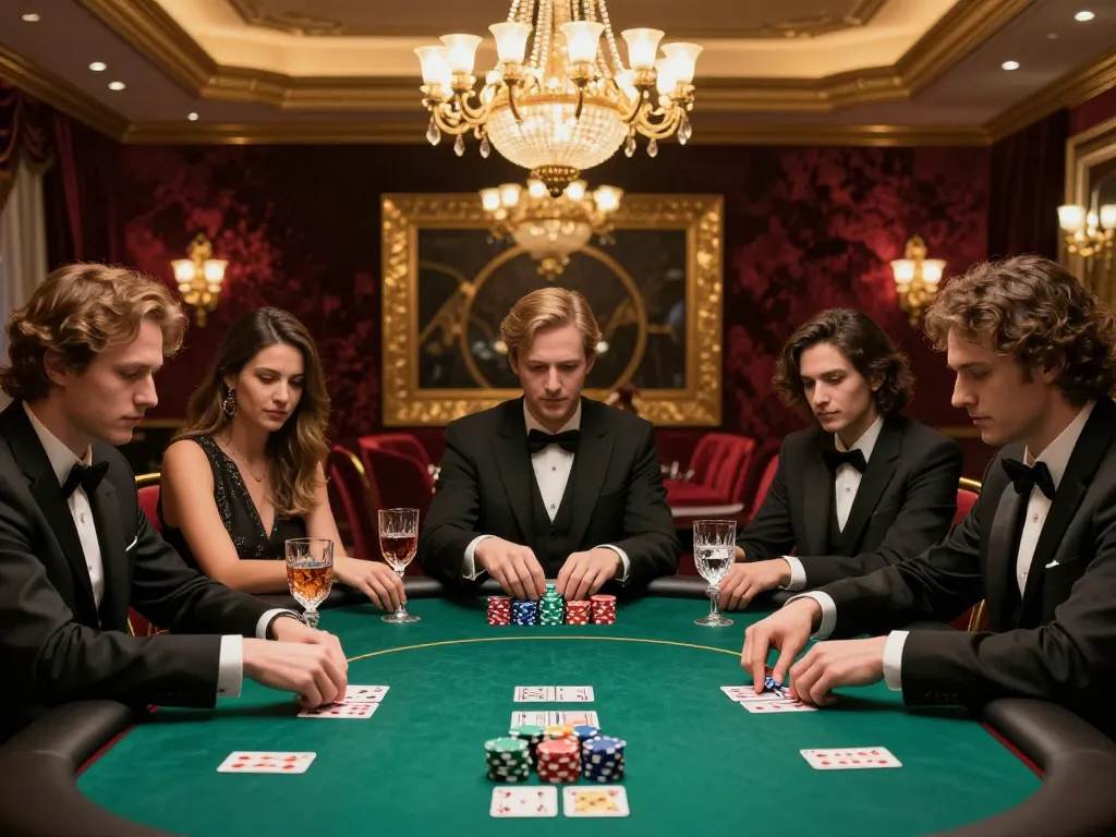 RR88 high-roller poker game in an upscale private casino, vibrant atmosphere with strategic tension.