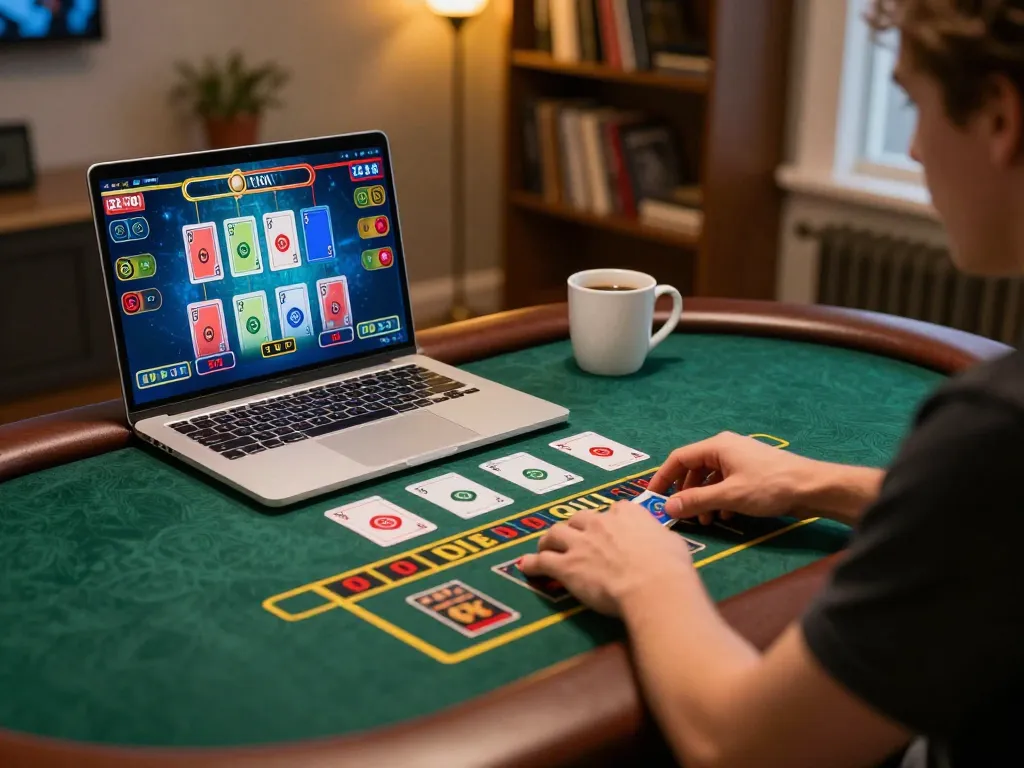 NAGA2000 player engaging in live dealer games on a laptop, highlighting strategic home gaming.