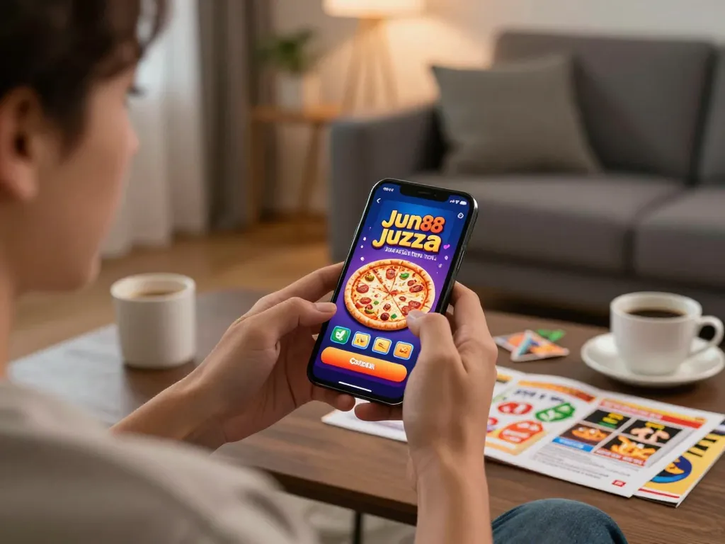 Engage in thrilling online gaming with Jun88 pizza app in a cozy living room.