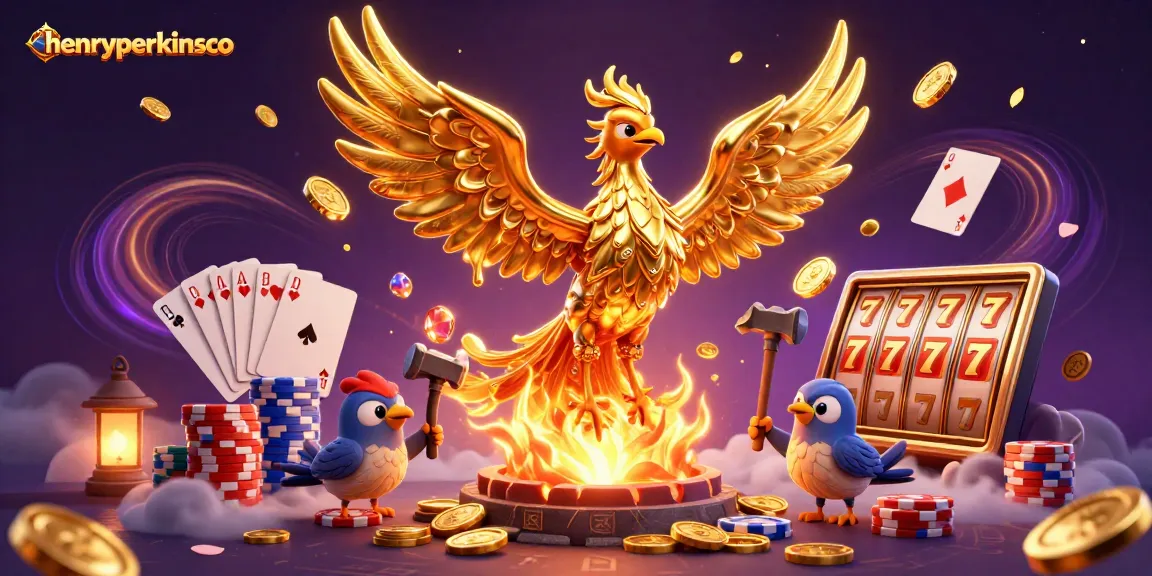 Experience the magic of henryperkinsco with a golden phoenix emerging from molten metal, surrounded by dynamic casino elements.