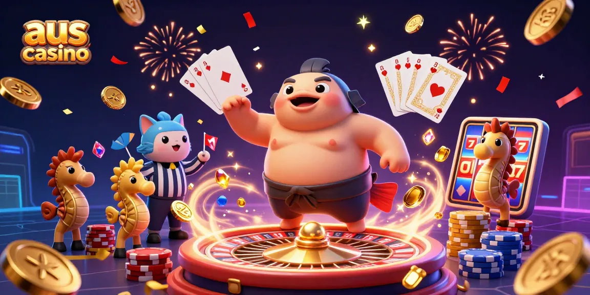 Engage with the vibrant aus casino scene featuring a puffed fugu and festive gambling elements.