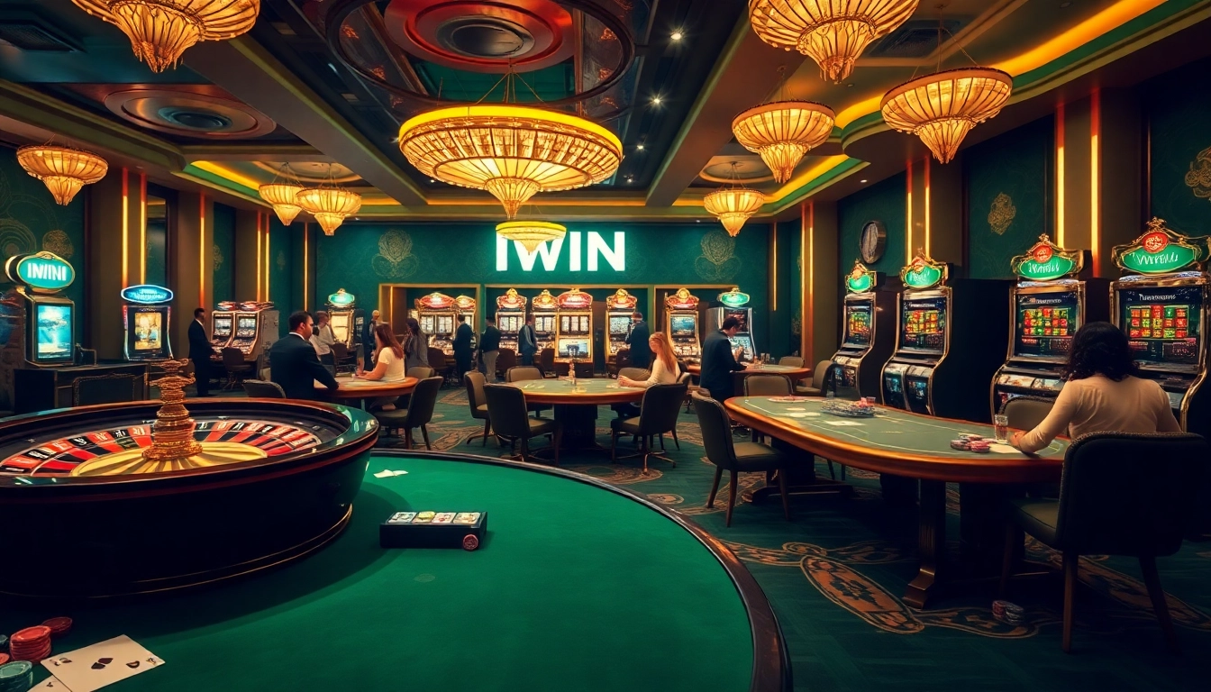 Experience the excitement of IWIN with vibrant casino games, roulette, and poker tables.