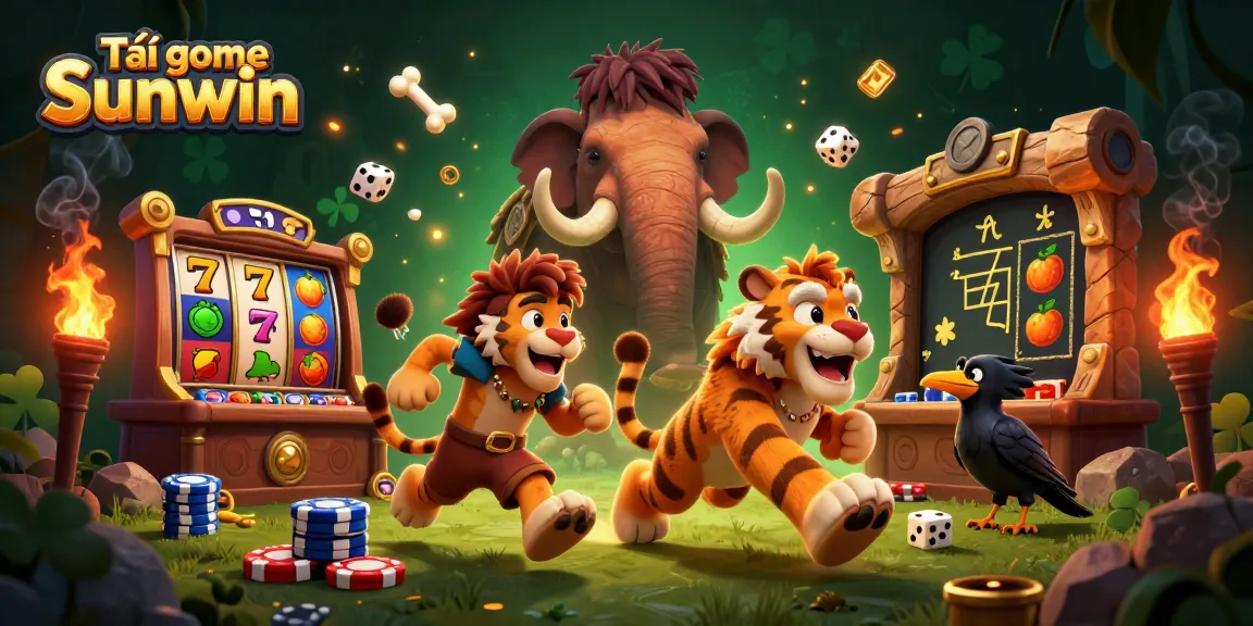 Tải game Sunwin with vibrant casino elements, featuring caveman and sabertooth duo in 3D illustration.
