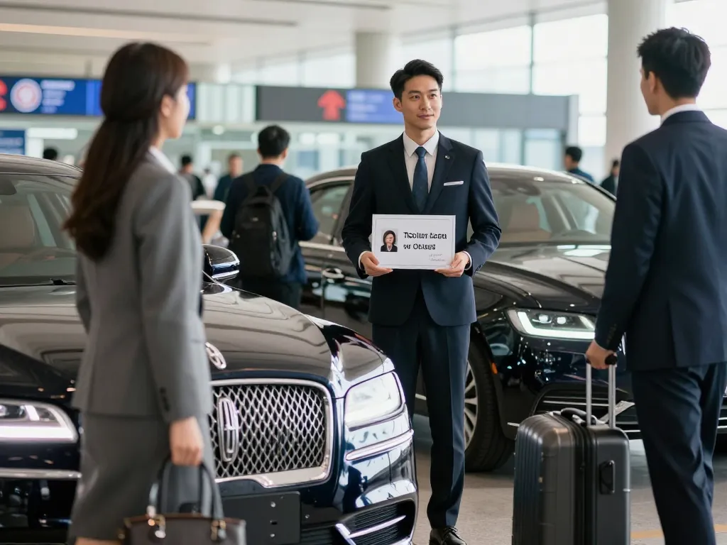 Airport transportation service with a professional chauffeur by a luxury Lincoln Continental outside O'Hare Airport.