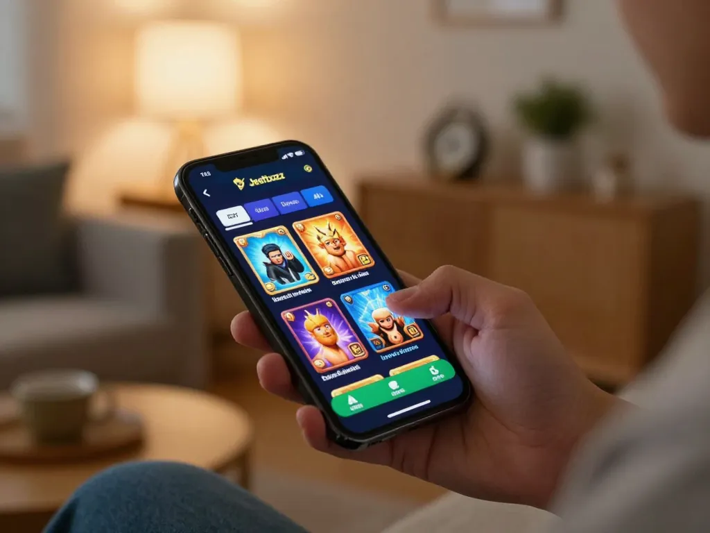 Engaging with the Jeetbuzz Download App on a smartphone while enjoying responsible gambling at home
