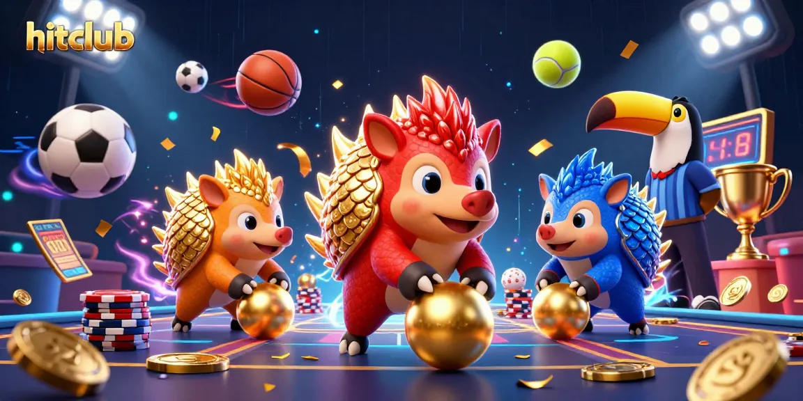 hitclub pangolins compete in a gambling game with flying sports balls and colorful confetti