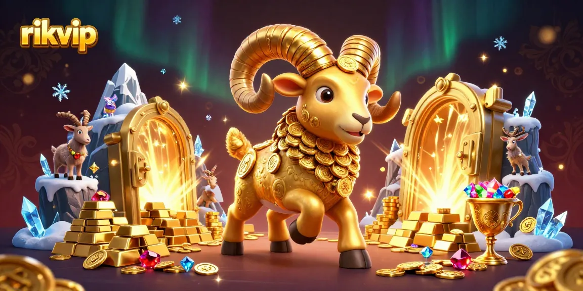Experience the thrill of rikvip with a dynamic golden ram charging, surrounded by treasures in this magical casino scene.