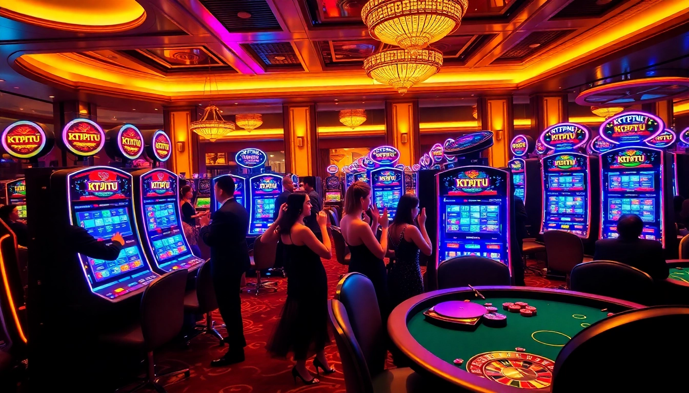 KTPJITU players enjoying high-stakes action at vibrant slot machines in a luxurious casino.