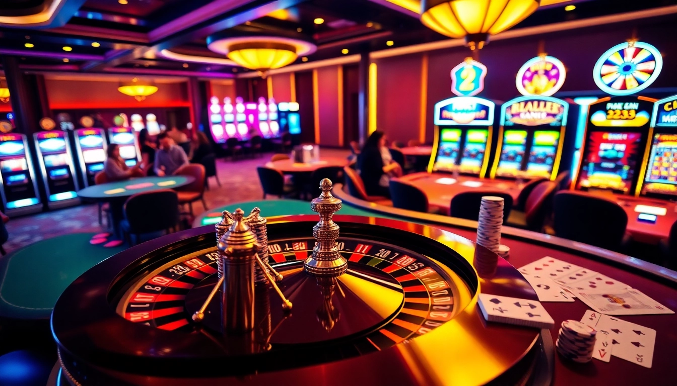 Players enjoying a high-stakes game at LC88, featuring poker and slot machines in a luxury casino.