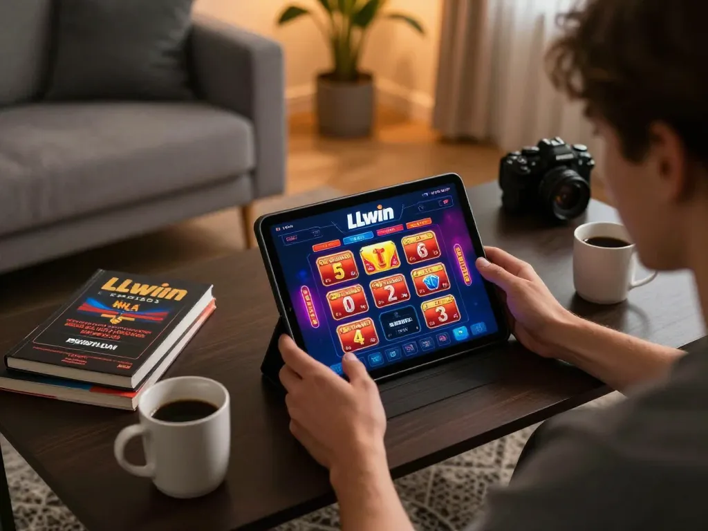 Engaging gaming session on LLwin com with player analyzing strategy while using tablet at home.