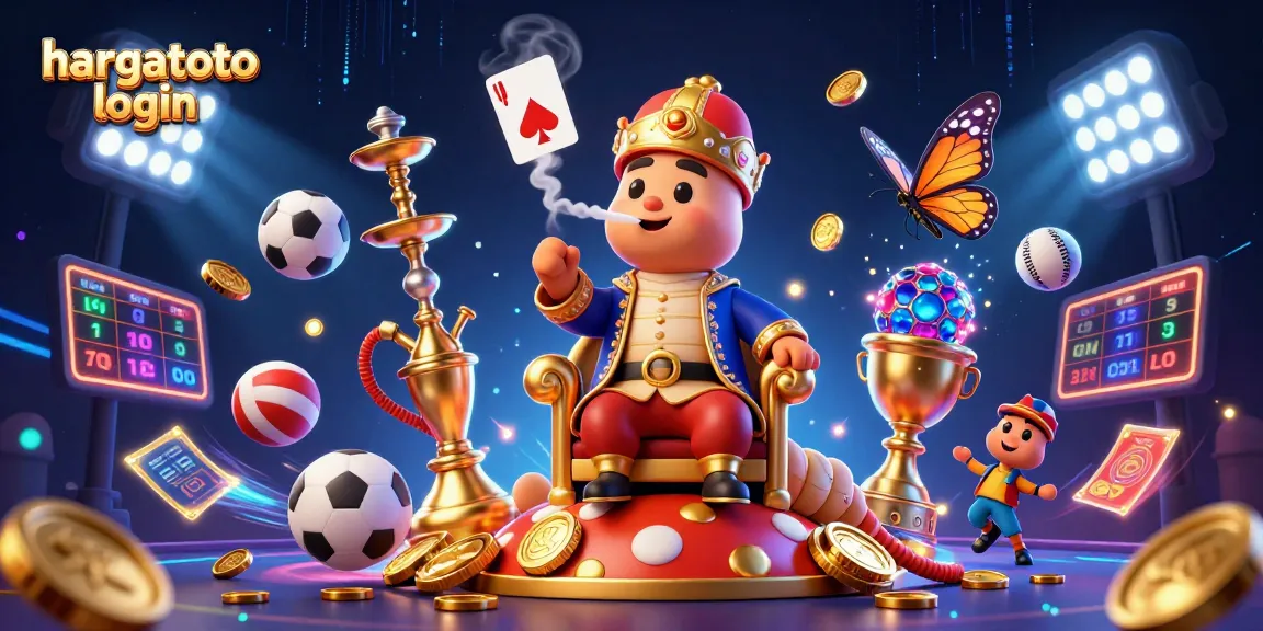 Engage with the hargatoto login experience in this vibrant 3D illustration featuring dynamic sports elements and gaming symbols.