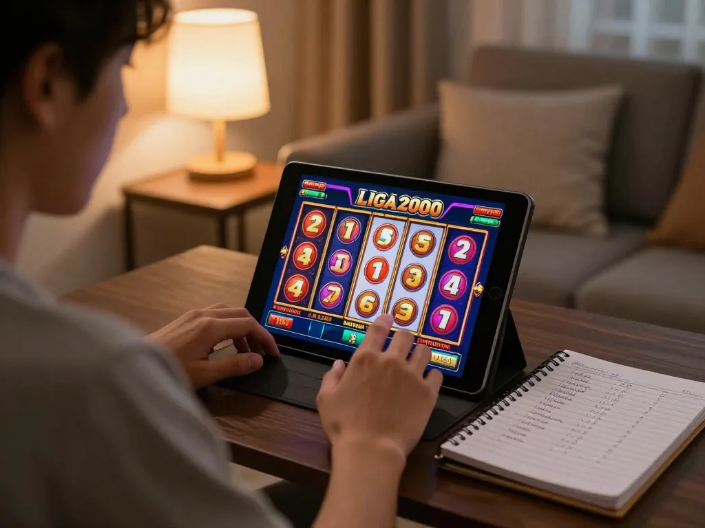 LIGA2000 player engaging with online slots at home while tracking betting strategies.
