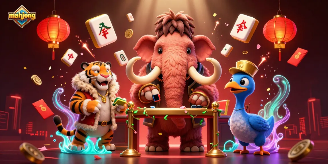 Engage with mahjong in a vibrant casino scene featuring whimsical characters and festive elements.