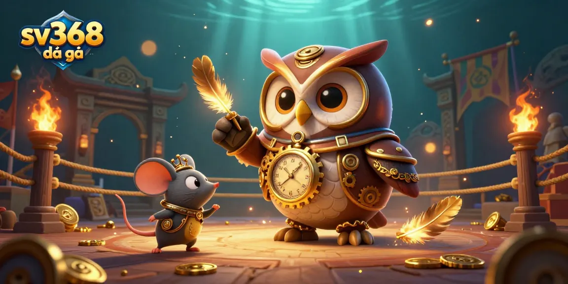 Action-packed sv368 đá gà illustration depicting an owl and mouse in a cockfighting arena amid swirling feathers and betting tokens.