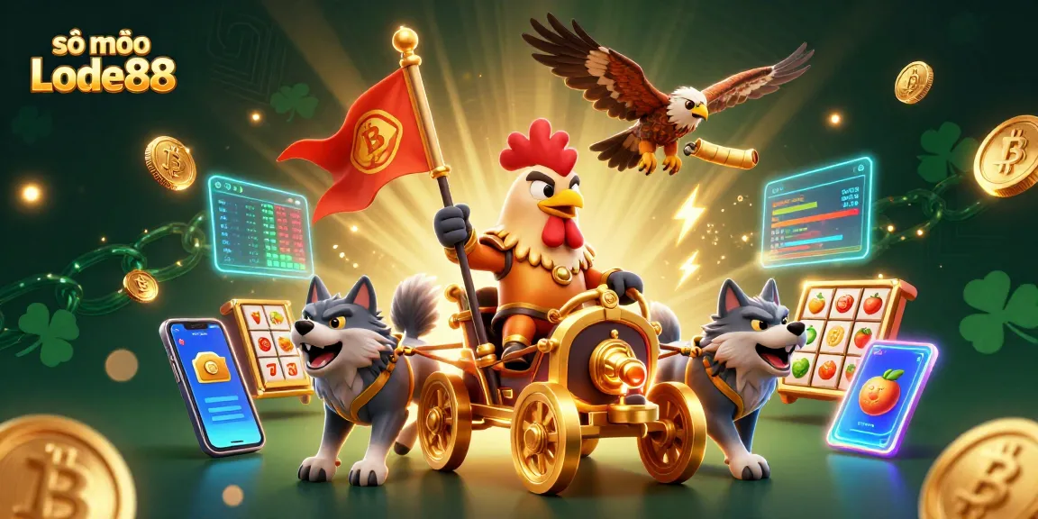 Engage with the vibrant world of sổ mơ Lode88, featuring a dynamic rooster warlord scene with lucky symbols and crypto elements.