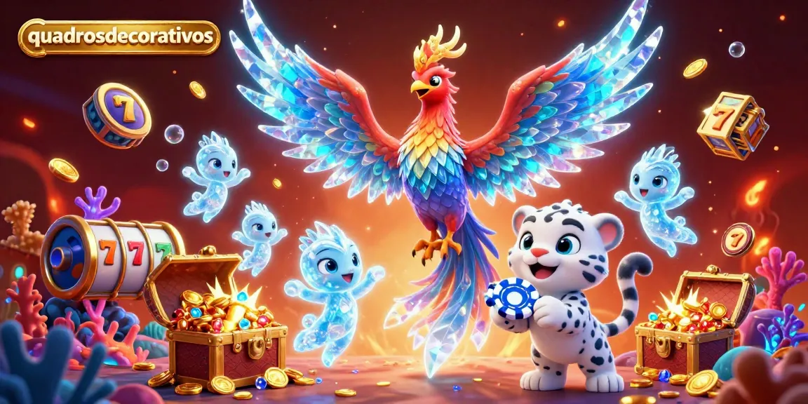 Engage players with quadrosdecorativos-themed 3D illustration showcasing an ice phoenix, poker chip, and jackpot reels.