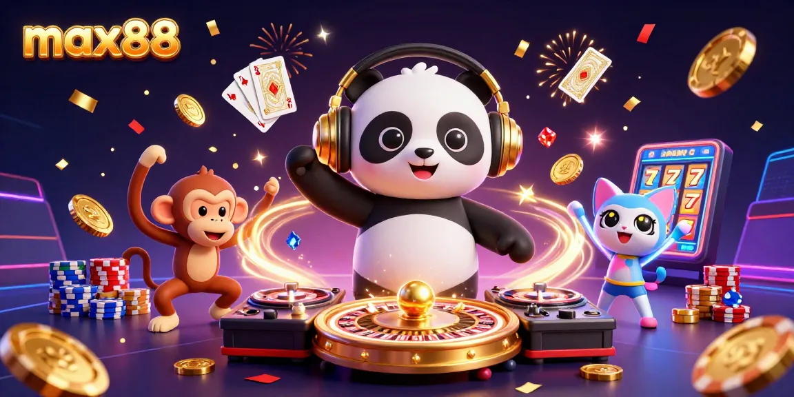Experience the excitement of max88 with the DJ panda, monkey, and kitten amid sparkling casino elements.
