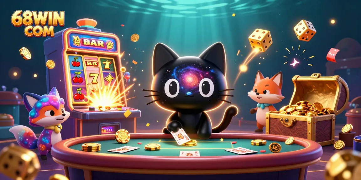 Experience the thrill of 68WIN COM with a cosmic casino scene featuring vibrant characters and dynamic game elements.