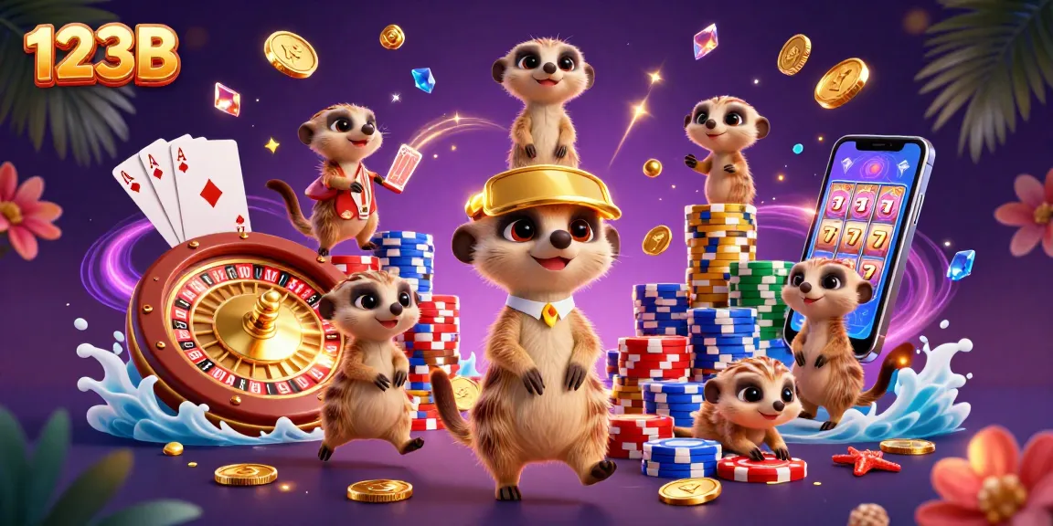 Experience thrilling gaming action at 123B casino with dynamic meerkat characters amidst sparkling gems and golden coins.