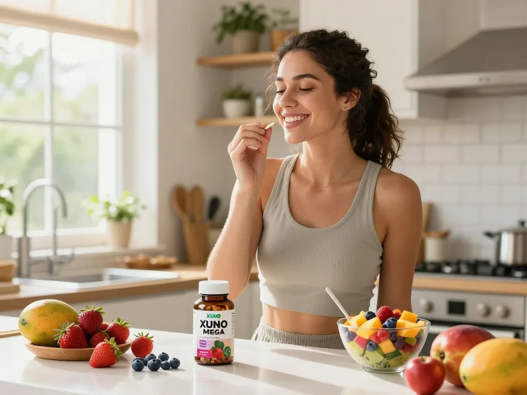 Xuno Mega tablet displayed in a bright kitchen, person happily taking the supplement with fresh fruits around.