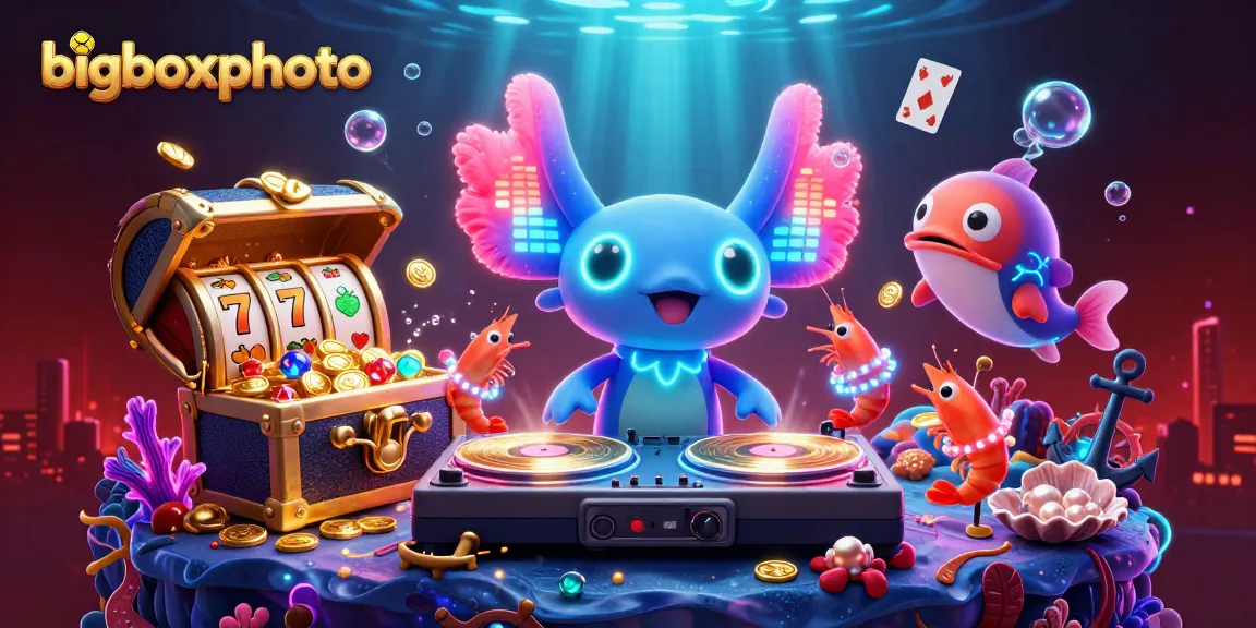 Engage in delightful gameplay at bigboxphoto, featuring neon axolotl DJ, gold coins and vibrant slot reels.