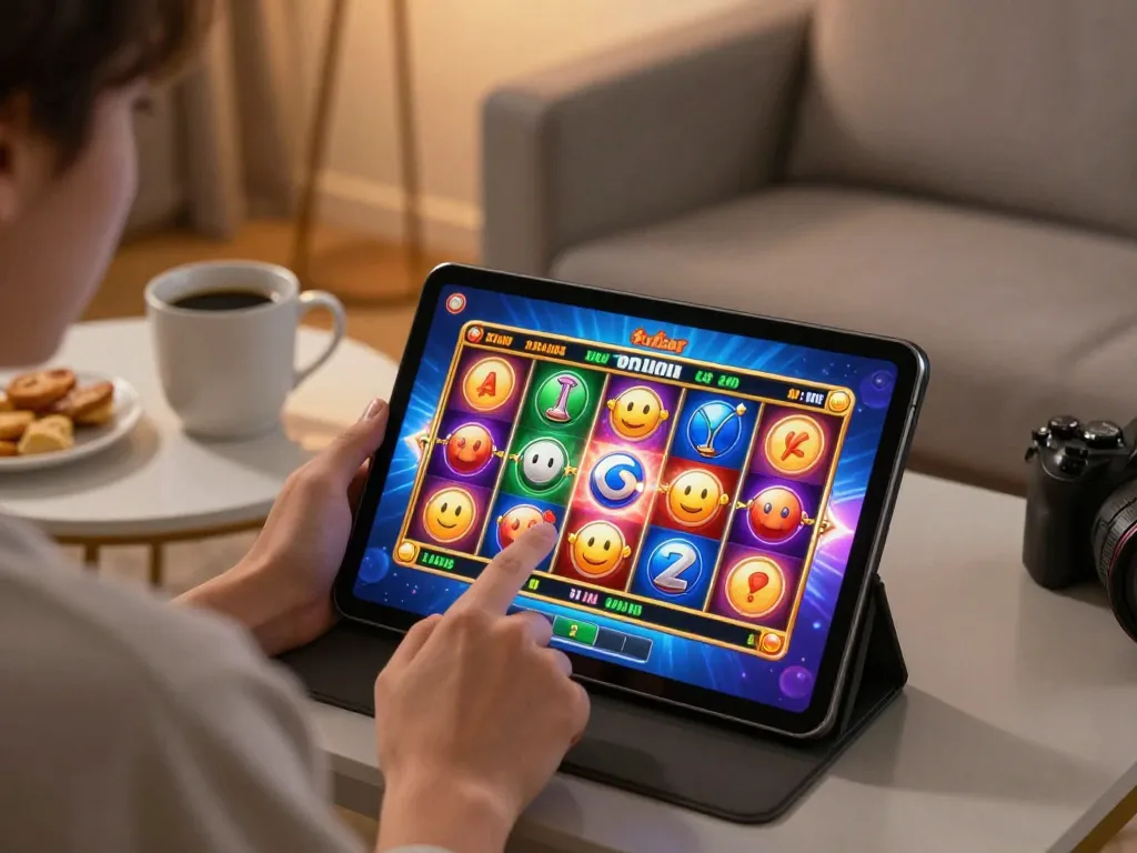 Bergabung dalam Slot Demo, pemain mengetuk layar tablet di ruang tamu yang nyaman.
