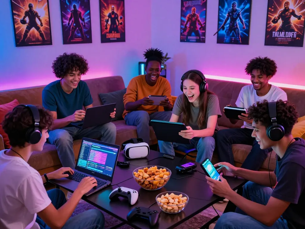 Friends enjoying html porn games on laptops and tablets in a vibrant gaming room.