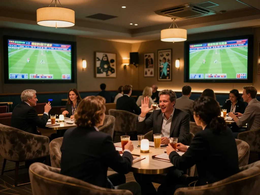 The tỷ lệ kèo nhà cái displayed in a vibrant sports betting lounge with patrons placing bets amidst live matches.