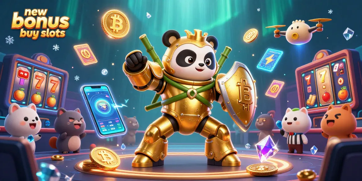 Engage with new bonus buy slots in this vibrant online casino artwork showcasing a golden panda and crypto elements.