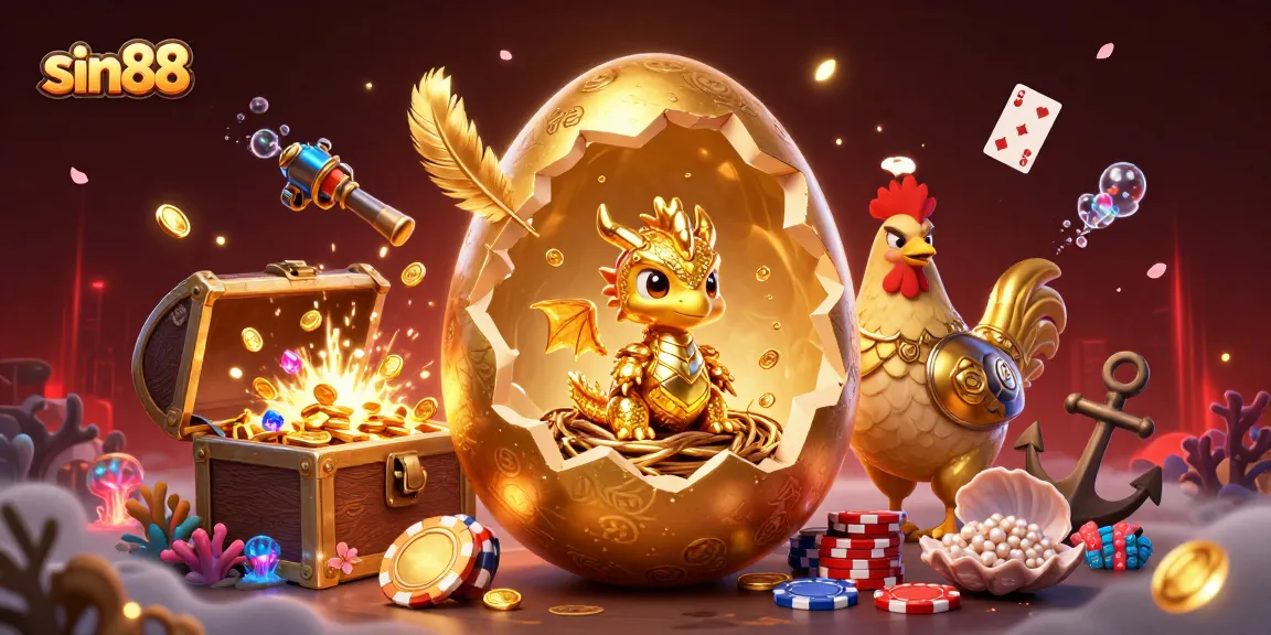 Engage with sin88's dynamic 3D illustration of a golden egg and dragon amidst casino elements.