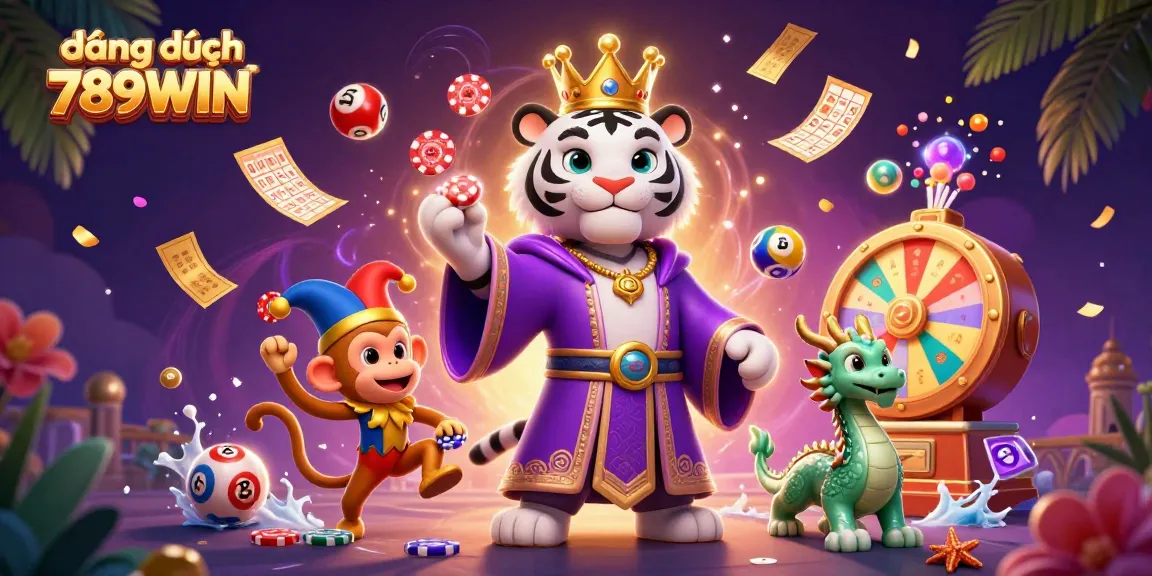Join the excitement with đăng nhập 789WIN, featuring a lively scene with a tiger, monkey, and dragon at a jackpot casino.