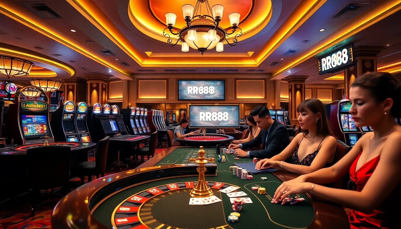 Exciting RR88 casino scene with poker chips, roulette wheel, and elegant players.