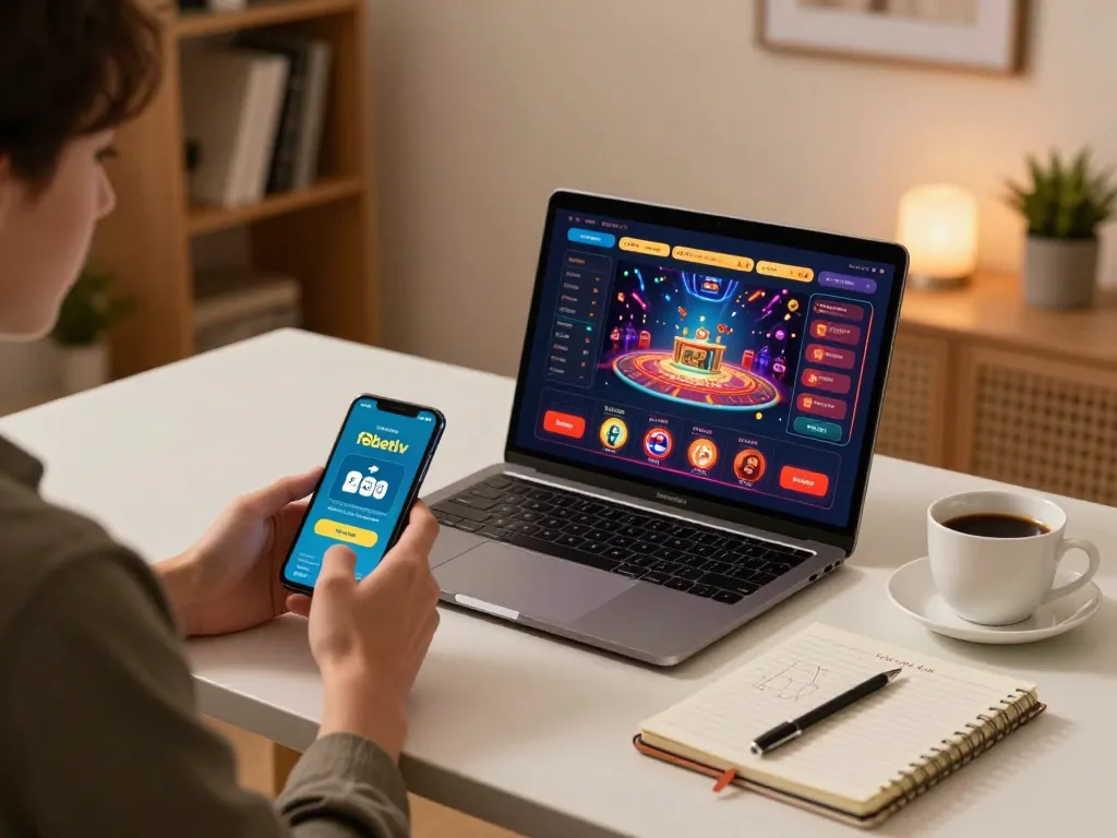 Engaging in online gaming with f8betlv app on smartphone, laptop displaying casino games, modern home setup.