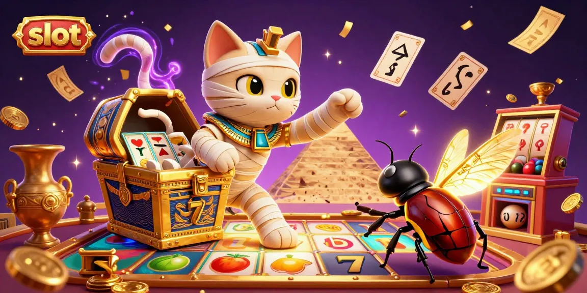 Experience thrilling slot action as a cartoon mummy cat bursts from a sarcophagus in a vibrant casino.
